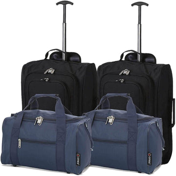 Set of 2 Hand Luggage Set Including Ryanair Cabin Approved 55x40x20cm Trolley Bag & 40x20x25 Ryanair Maximum Holdall Under Seat Flight Bag (Black X 2 + Navy X 2) - Packed Direct UK